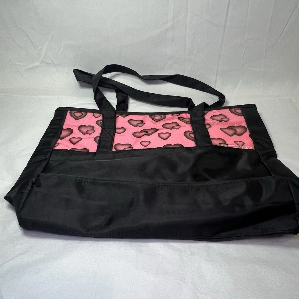 Girls Black Pink Dance Bag Hearts Nylon With‎ Pink Interior And Zipper Pouch